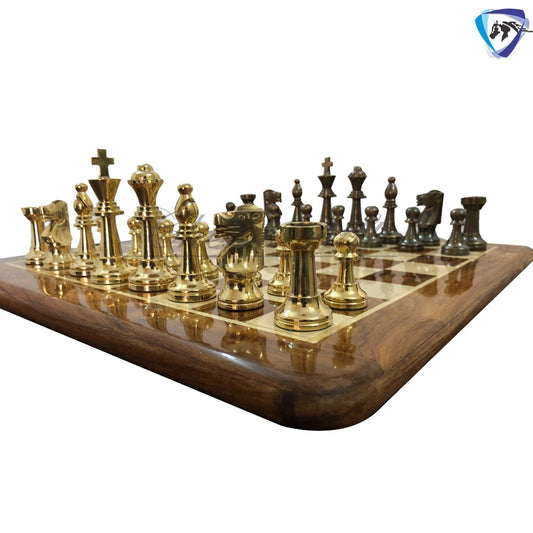 3.25" Brass Chess pieces set-Staunton Chess pieces-FRENCH LARDY in Gold & Antique polish  with Wooden storage box - Extra Queens ( 4Q)