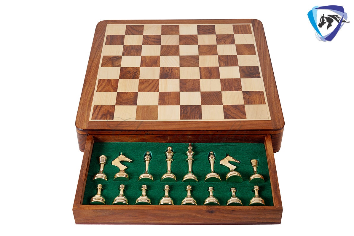14" Brass Metal Chess Board set Modern Classic Handmade Soviet chess pieces with storage box - Vintage Chess for Gifting