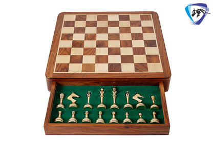 14" Brass Metal Chess Board set Modern Classic Handmade Soviet chess pieces with storage box - Vintage Chess for Gifting