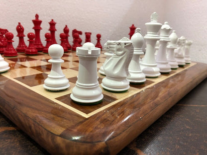 Club Staunton Chess pieces Set Boxwood Painted Red & White - King 3.75"  Weighted 2 Extra Queens- Lacquered glossy polish.