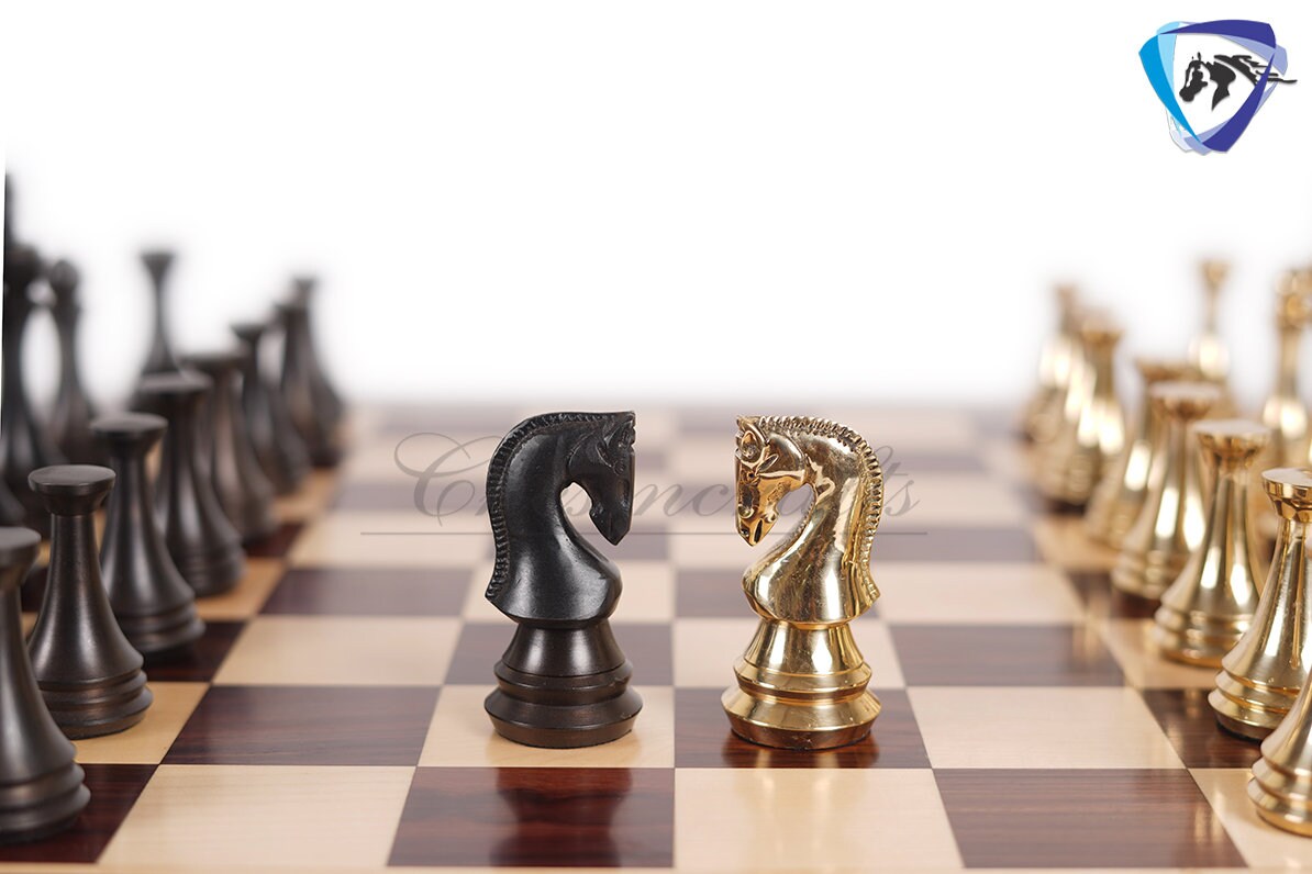 4.4" Brass Russian Zagreb (Leningrad) chess pieces set Antique & GOLD polish / 19" Rosewood(Dark Grain) Chess board Combo- Gift For Him