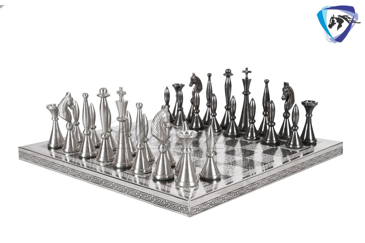 14" Brass Chess Board set ART DECO Chess Pieces - MEENAKARI chess board Hand carved in velvet storage box - Brass chess board set-Chess Gift