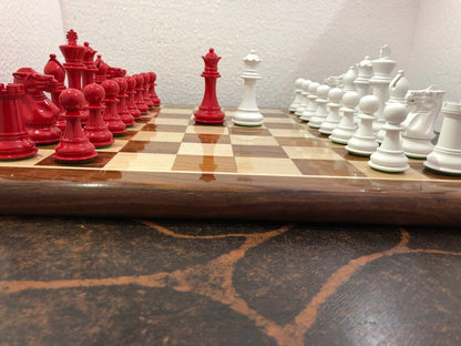 Club Staunton Chess pieces Set Boxwood Painted Red & White - King 3.75"  Weighted 2 Extra Queens- Lacquered glossy polish.