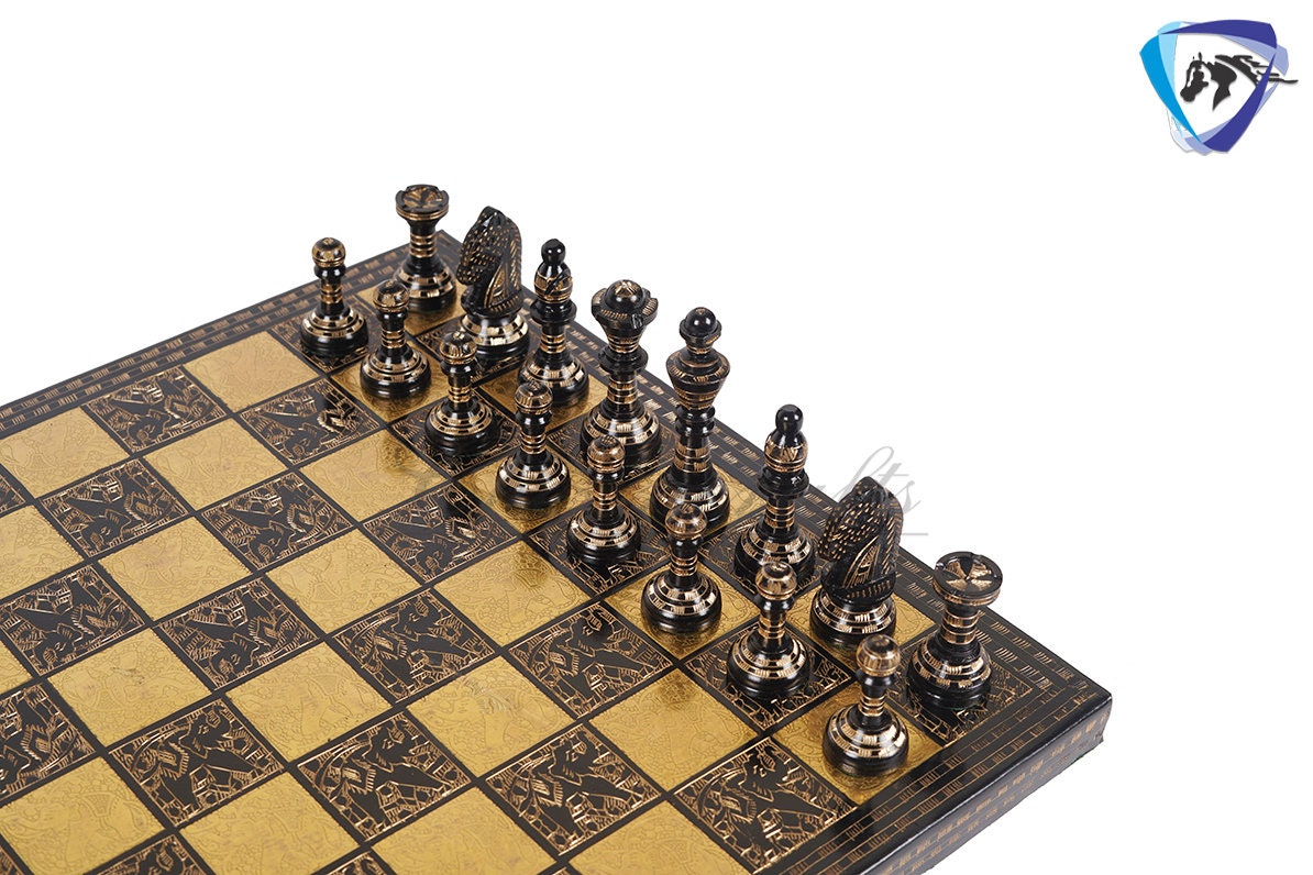 14" & 12" Brass Metal Chess Board Game Set Hand Carved With Brass chess pieces - Chess Board Set With Box-Velvet(Gold - Black)