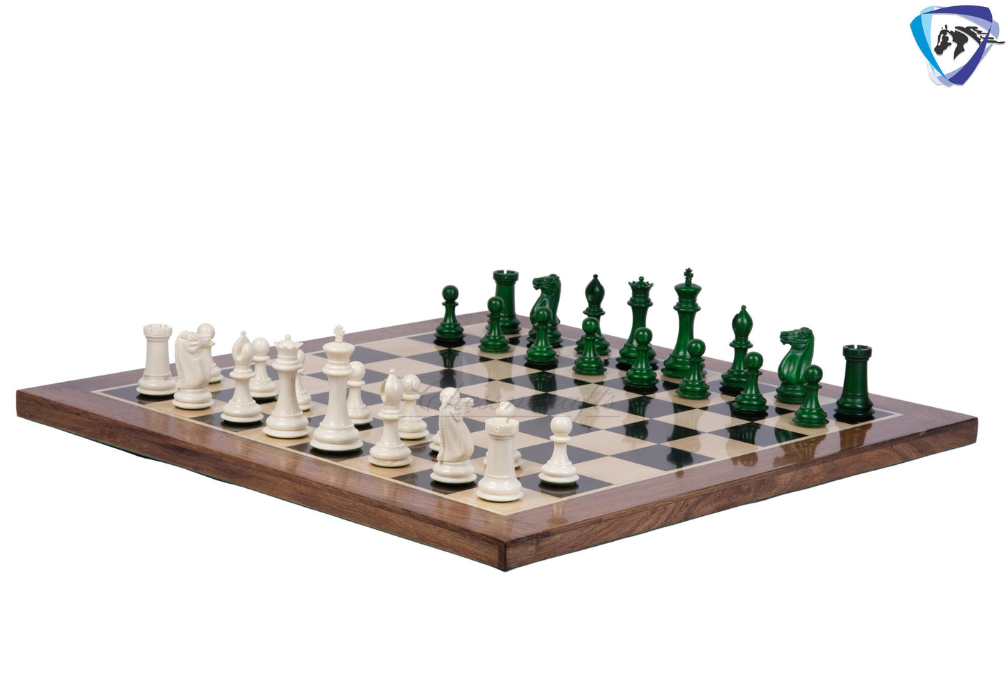 3.75" Camel Bone Staunton chess Pieces set- 1849 reproduced Cooke in Green-White + 21" Ebony wood chess board + Leather Storage Box
