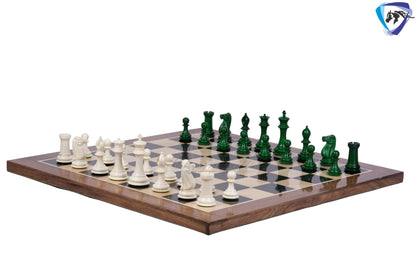 3.75" Camel Bone Staunton chess Pieces set- 1849 reproduced Cooke in Green-White + 21" Ebony wood chess board + Leather Storage Box