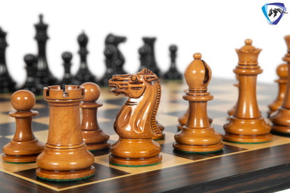 3.75" Staunton Chess Pieces Set 1849 Reproduced Antiqued Distressed & Ebony wood + 21" Ebony look chess board(sq 55mm) + Leather Storage box