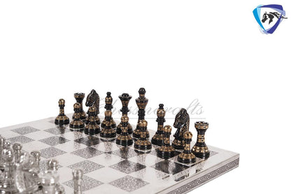 12" Brass Chess Board  set- & Staunton Hand carved chess men with hand carved chess board in velvet storage box