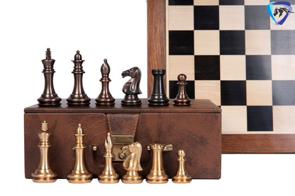 1849 Brass Staunton chess pieces set King: 4" EXCLUSIVE MATTE FINISH + 21" Ebonywood chess board(55mm) + Leather Storage box