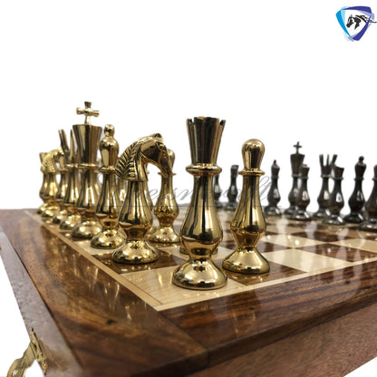 Brass Metal chess set with wooden chess board folding with storage- King 3.5" classical design gold & black glossy pieces.