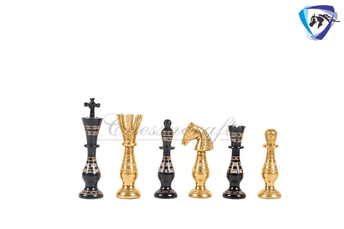 14" Solid Brass Metal Classical Hand carved Chess set- Soviet chess pieces in velvet storage box - Vintage Antique Chess -GOLD BLACK