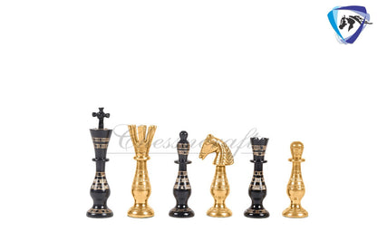 14" Solid Brass Metal Classical Hand carved Chess set- Soviet chess pieces in velvet storage box - Vintage Antique Chess -GOLD BLACK