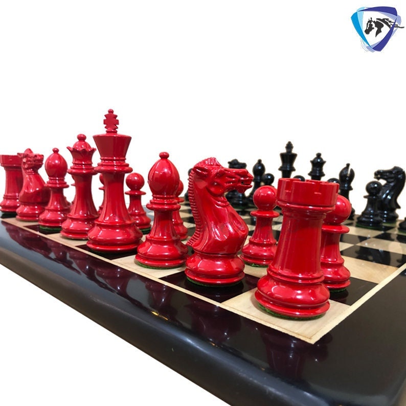 COMBO of 4" Club Staunton Chess Pieces Set Red Black Painted Boxwood Weighted 4Q + 21" Ebonywood Chess Board SQ: 55mm(2.2")
