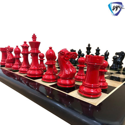 COMBO of 4" Club Staunton Chess Pieces Set Red Black Painted Boxwood Weighted 4Q + 21" Ebonywood Chess Board SQ: 55mm(2.2")