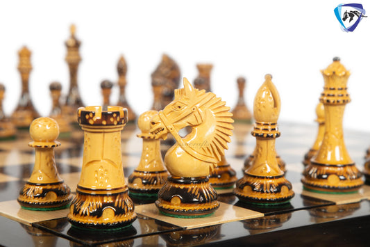 4.1" Staunton Chess pieces Set in Burnt Boxwood with carving-EXCALIBUR  + 23" Ebony wood Chess Board(60MMSQ) + Leather Storage Box COMBO