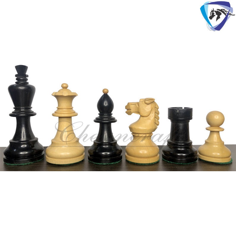 Reproduced Vintage 1950's Circa Bohemia Staunton Series German Chess Set in Ebonized Boxwood & Natural Boxwood - 3.89" King