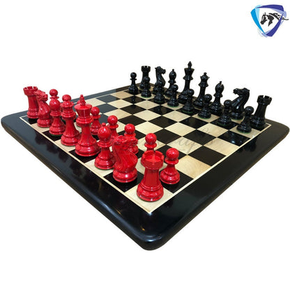 COMBO of 4" Club Staunton Chess Pieces Set Red Black Painted Boxwood Weighted 4Q + 21" Ebonywood Chess Board SQ: 55mm(2.2")