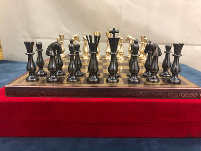 14" Brass Metal Chess Set with Brass chess Board and velvet storage box King 3.5" classical design gold & black glossy pieces.
