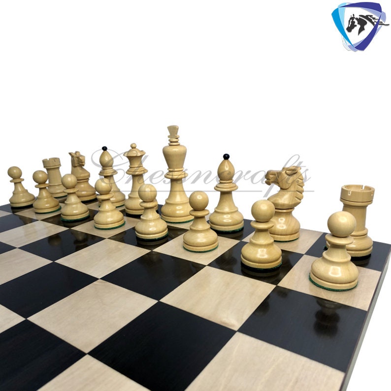 Reproduced Vintage 1950's Circa Bohemia Staunton Series German Chess Set in Ebonized Boxwood & Natural Boxwood - 3.89" King