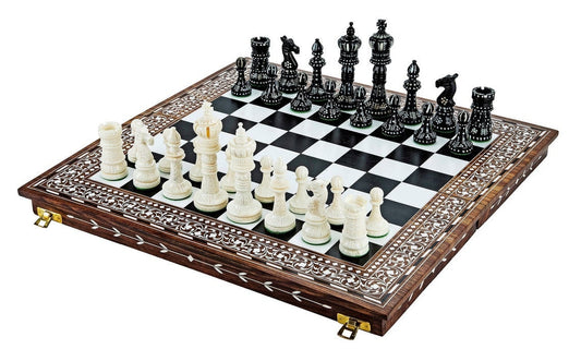 Combo of 16" INLAY ART WORK Wooden folding chess board and 4" Camel Bone Chess pieces Set Black & White