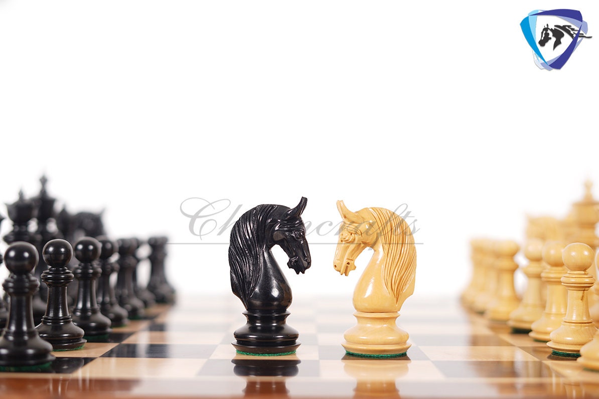 4.5" Staunton Ebonywood Chess Pieces Set "BLACKBURNE" Joseph Henry Triple Weighted 2 Extra queens + 21" Ebonywood Chess Board + Storage Box