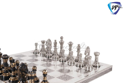 12" Brass Chess Board  set- & Staunton Hand carved chess men with hand carved chess board in velvet storage box