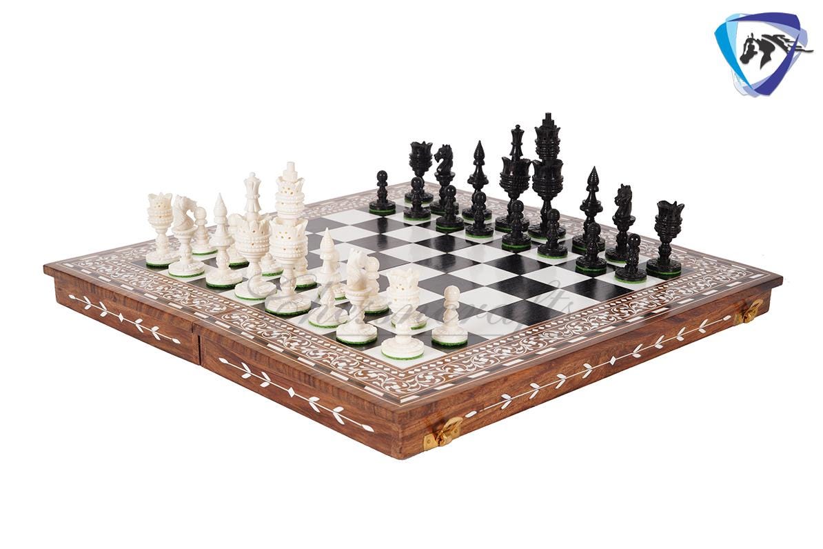 4.1" Camel bone chess set Lotus handmade Carved chess pieces | chess gift| christmas gift | chess board set | Inlaid foldable chess board