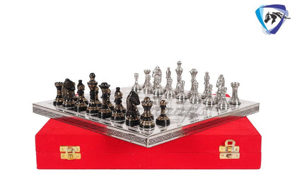12" Brass Chess Board  set- & Staunton Hand carved chess men with hand carved chess board in velvet storage box