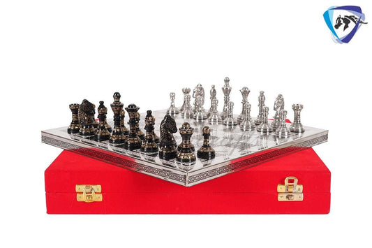 12" Brass Chess Board  set- & Staunton Hand carved chess men with hand carved chess board in velvet storage box