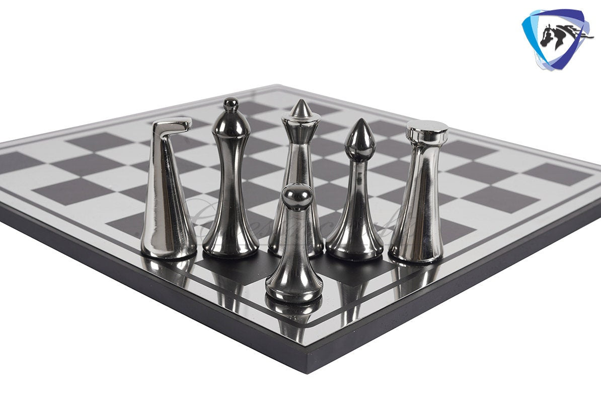 16" Metal chess Board set Reproduced Hermann Ohme Metal chess Set Unique modern design Black-silver Glossy Polish MODERN HOME DECOR Chess