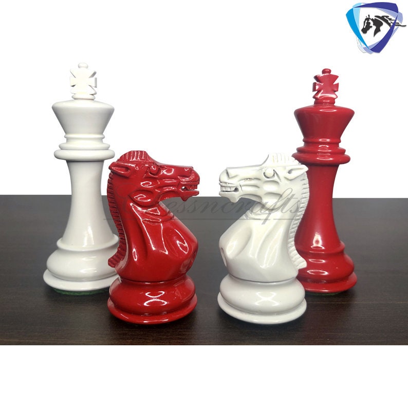 Club Staunton Chess pieces Set Boxwood Painted Red & White - King 3.75"  Weighted 2 Extra Queens- Lacquered glossy polish.