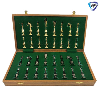Brass Metal chess set with wooden chess board folding with storage- King 3.5" classical design gold & black glossy pieces.