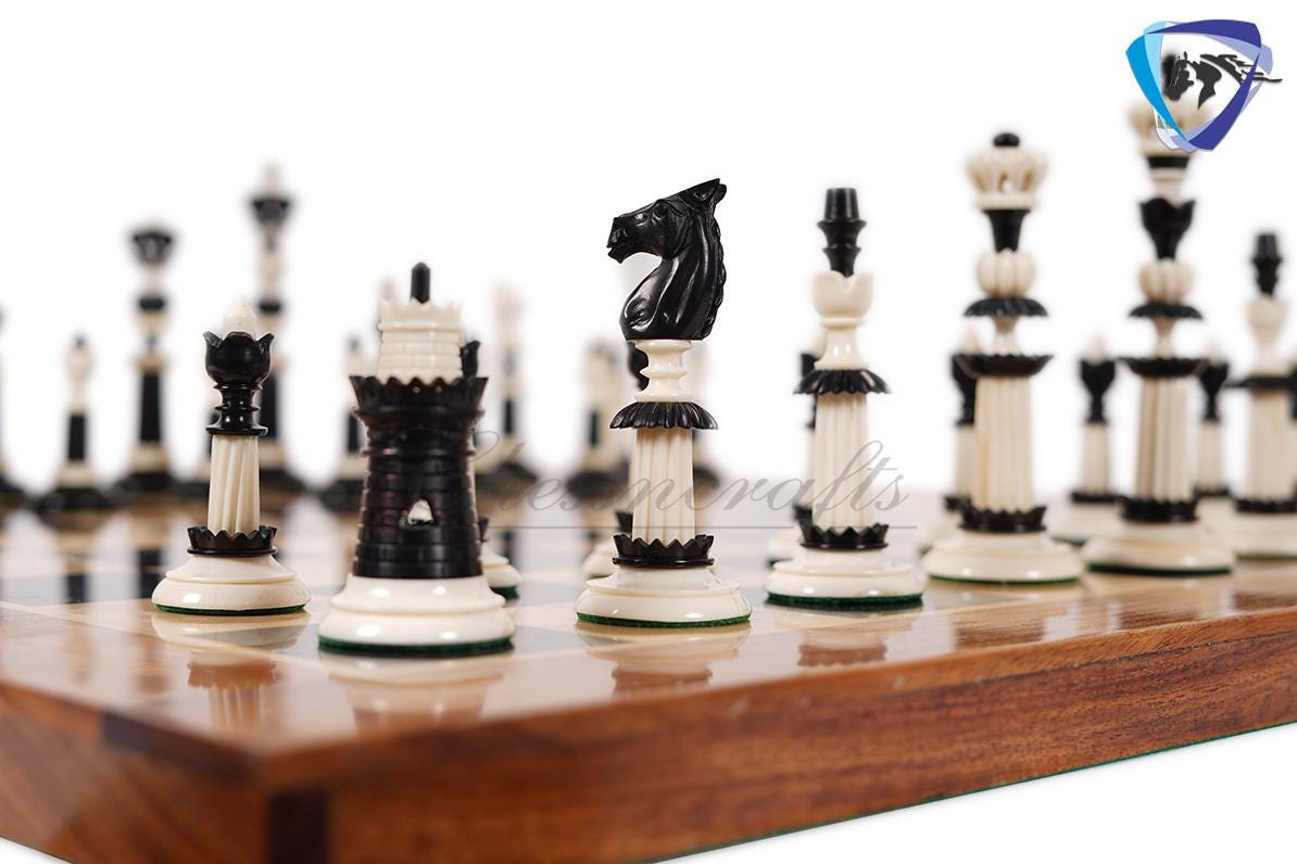 6" Camel bone chess pieces set Black & White Hand carved unique collector chess set- Intricate design with minute detailing.