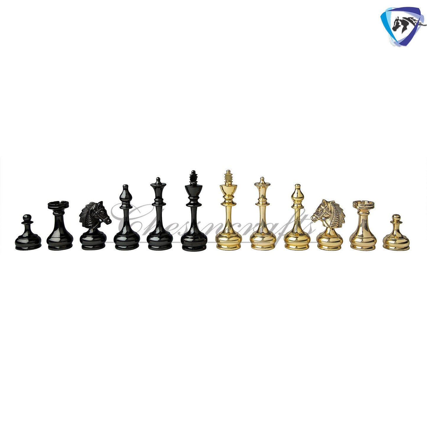 3.9" Brass Chess pieces set Bridled knight luxury Collector series Gold & Black Glossy finish Handmade brass chess set.