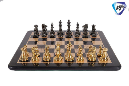 4" Brass Staunton chess pieces set BRIDLED Knight Gold & Black + 19" Ebonywood chess Board(sq:51mm)