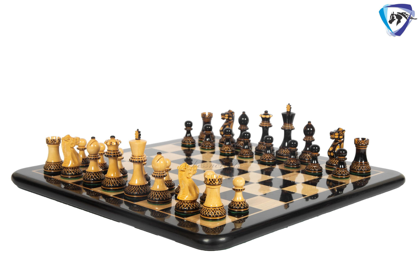 4" Staunton Chess Pieces set Burnt PARKER with Hand Carving broad base, Weighted + 19" Ebonywood chess board(sq 51mm) + Leather Storage Box