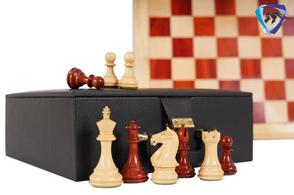 4" Staunton Bud Rosewood Chess pieces Set-Fierce Knight-Weighted-2 Extra queens- 21" Bud Rosewood Chess Board + Leather Storage Box COMBO