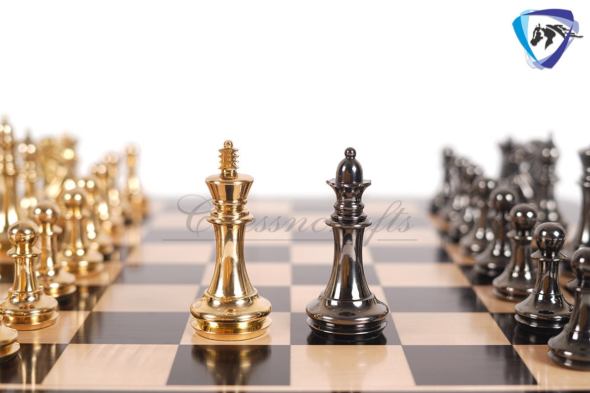 4" Brass Staunton chess pieces set BRIDLED Knight Gold & Black + 19" Ebonywood chess Board(sq:51mm)