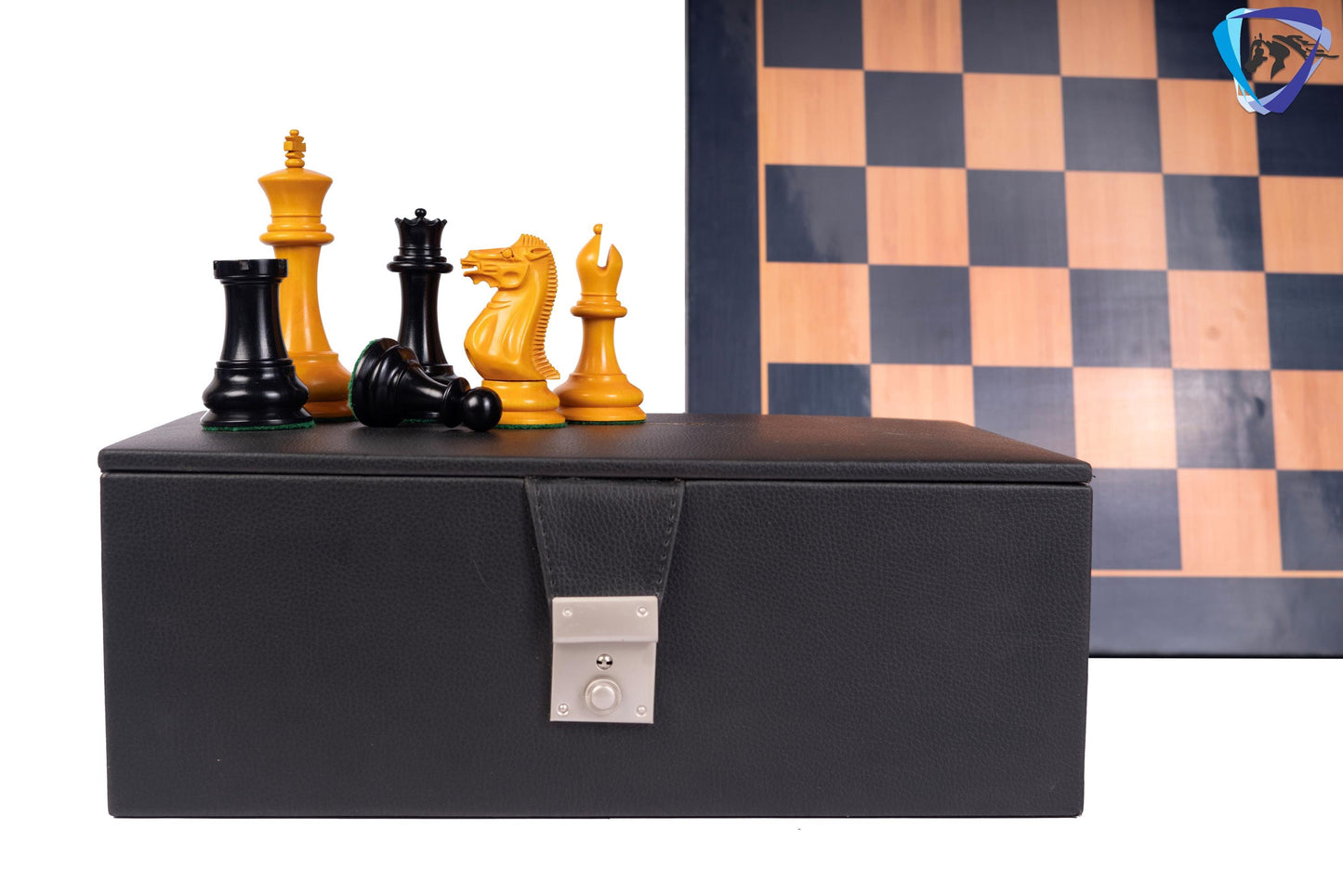 1849 Staunton Chess Pieces Set in Antiqued Boxwood & Ebony wood- 4.5" King + 21" Ebony look chess board(sq 55mm) + Leather Storage box