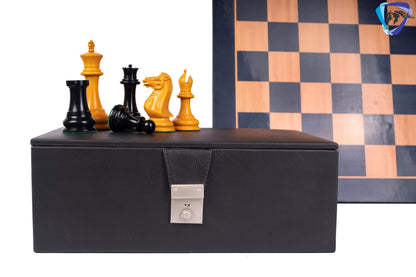 1849 Staunton Chess Pieces Set in Antiqued Boxwood & Ebony wood- 4.5" King + 21" Ebony look chess board(sq 55mm) + Leather Storage box