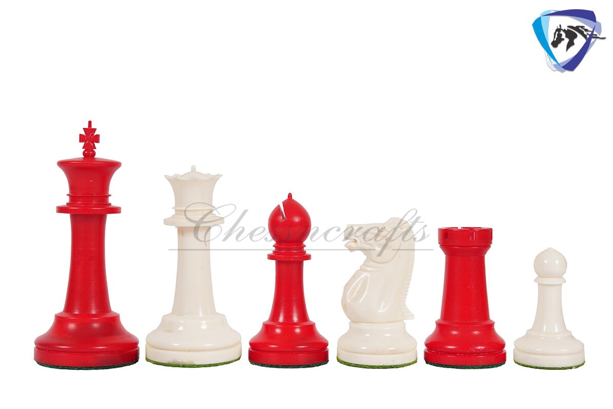 4.2" Camel Bone Staunton chess Pieces set- 1849 Cooke design in Red, Green, Black & White color + Leather storage box combo