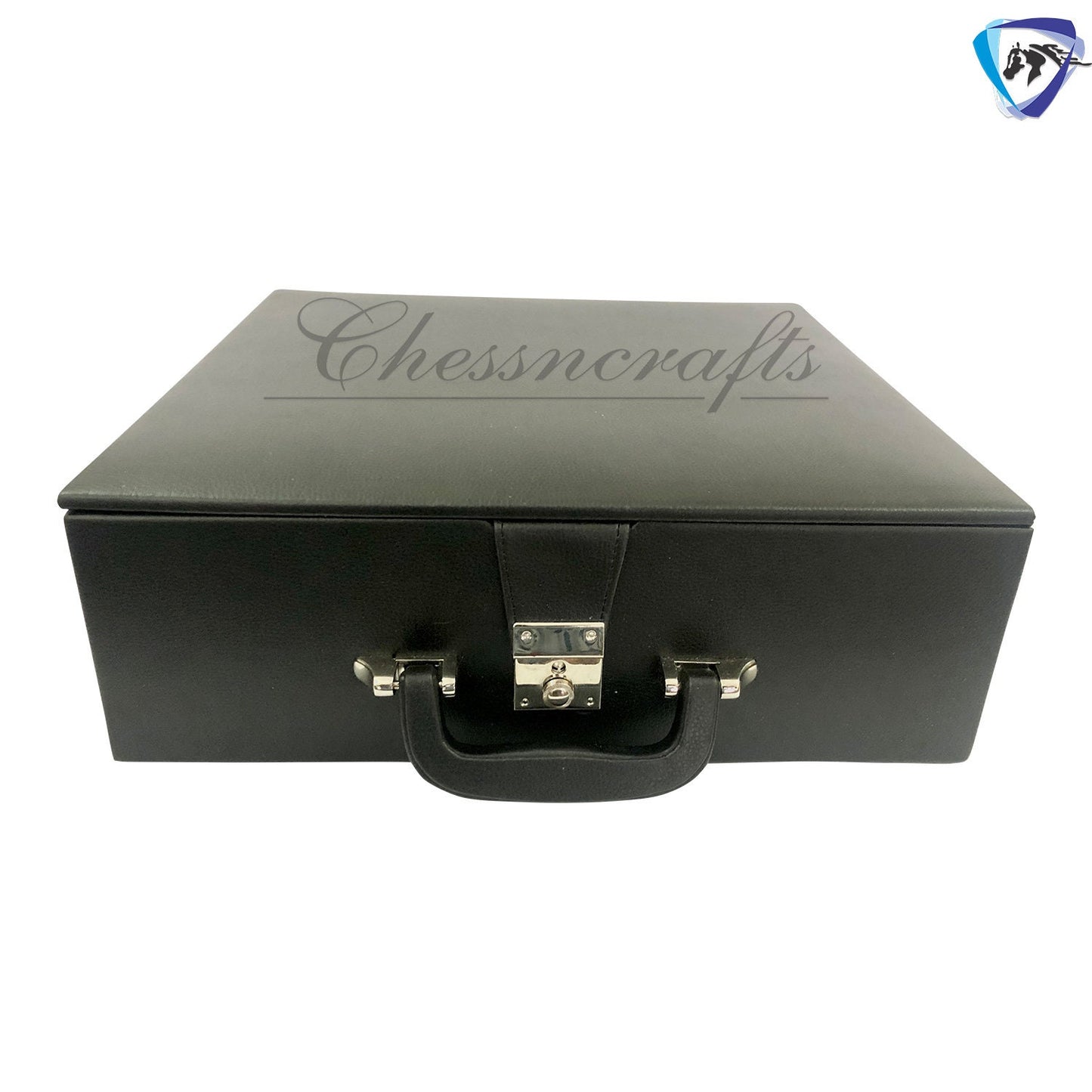 Leatherette Coffer Storage box for Chess Pieces of king Height: 4.0" to 4.5"- 2 Trays, Velvet lining & Lock w/ handle.