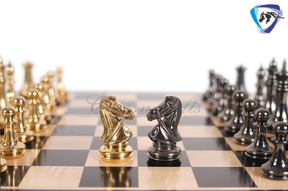 4" Brass Staunton chess pieces set BRIDLED Knight Gold & Black + 19" Ebonywood chess Board(sq:51mm)