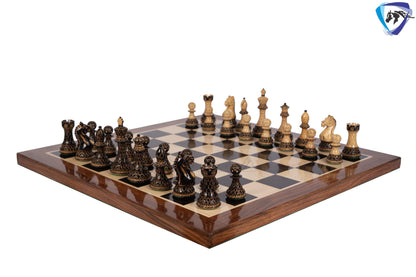 4" Fierce Knight Staunton Chess pieces Set in Burnt Boxwood with carving + 21" Ebony wood Chess Board + Leather Storage Box COMBO