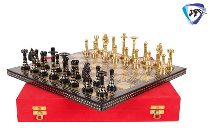 14" Solid Brass Metal Classic HUNGARIAN Hand carved Chess set- BLACK-GOLD Slim chess men Carving with velvet storage box Chess board set.