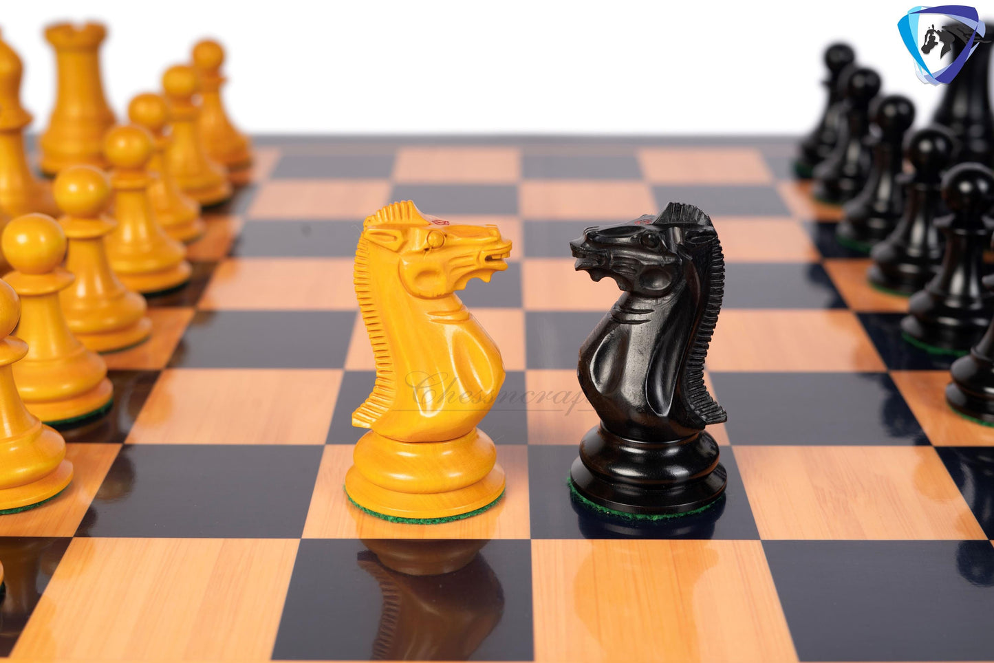 1849 Staunton Chess Pieces Set in Antiqued Boxwood & Ebony wood- 4.5" King + 21" Ebony look chess board(sq 55mm) + Leather Storage box