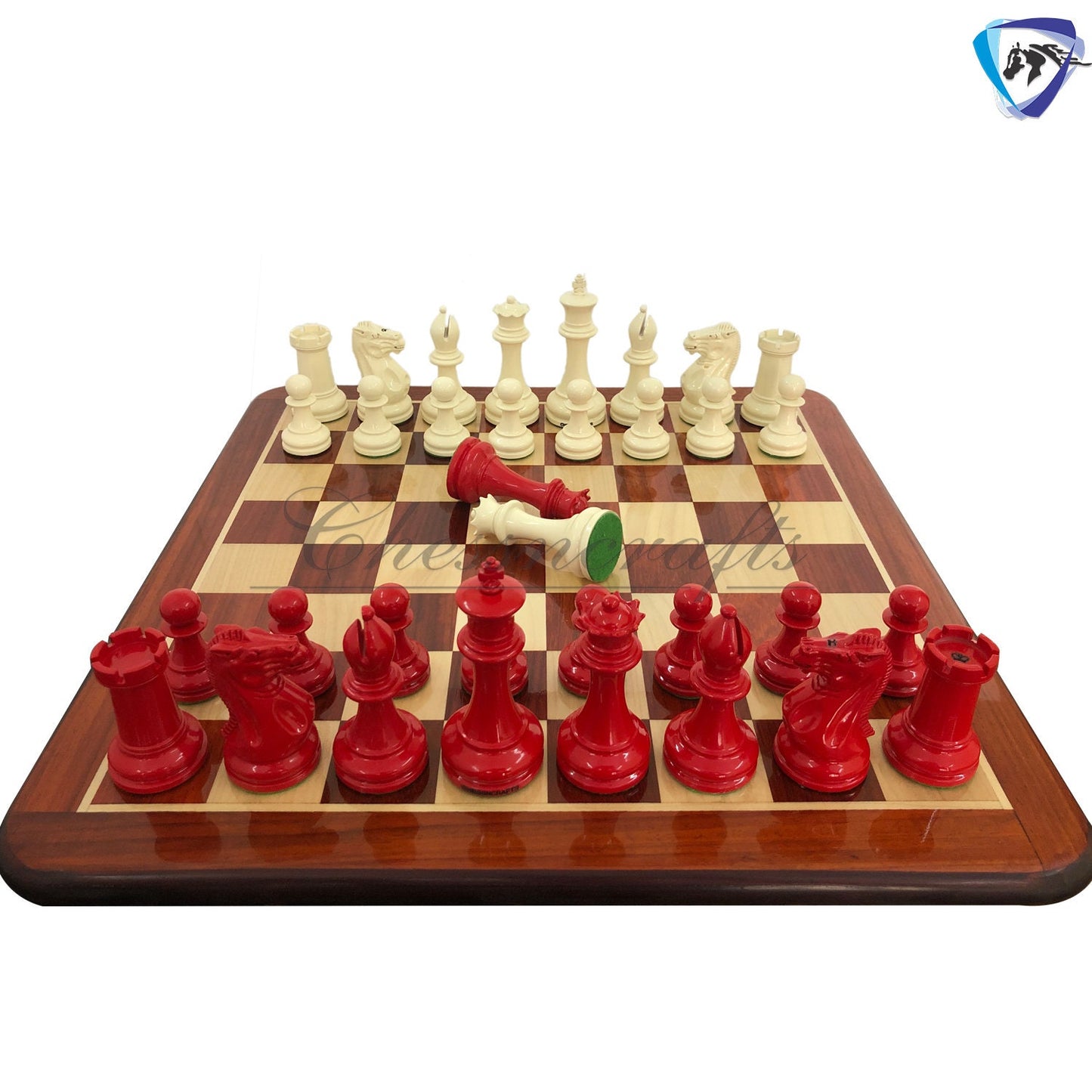 combo of 1849 Reproduced Staunton chess set 4.5" painted with Bud rosewood chess board 19" lacquered