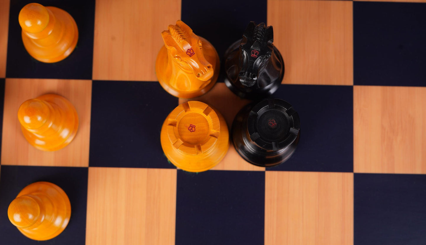 1849 Staunton Chess Pieces Set in Antiqued Boxwood & Ebony wood- 4.5" King + 21" Ebony look chess board(sq 55mm) + Leather Storage box