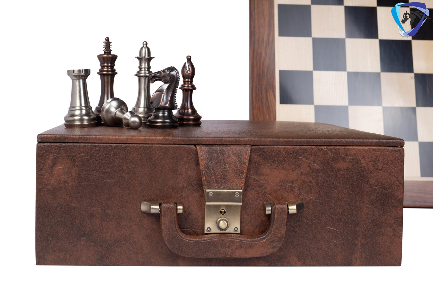 1849 Brass Staunton chess pieces set King: 4" MATTE STEEL-ANTQIUE finish+ 21" Ebonywood chess board(55mm) + Leather Storage box