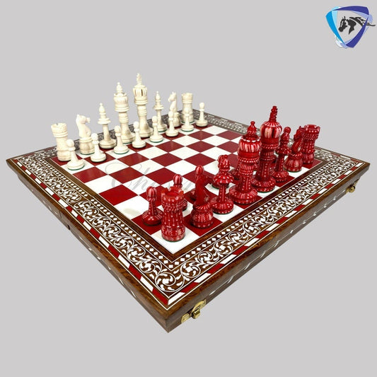 Combo of 16" INLAY ART WORK Wooden folding chess board and 4" Camel Bone Chess pieces Set Red & White